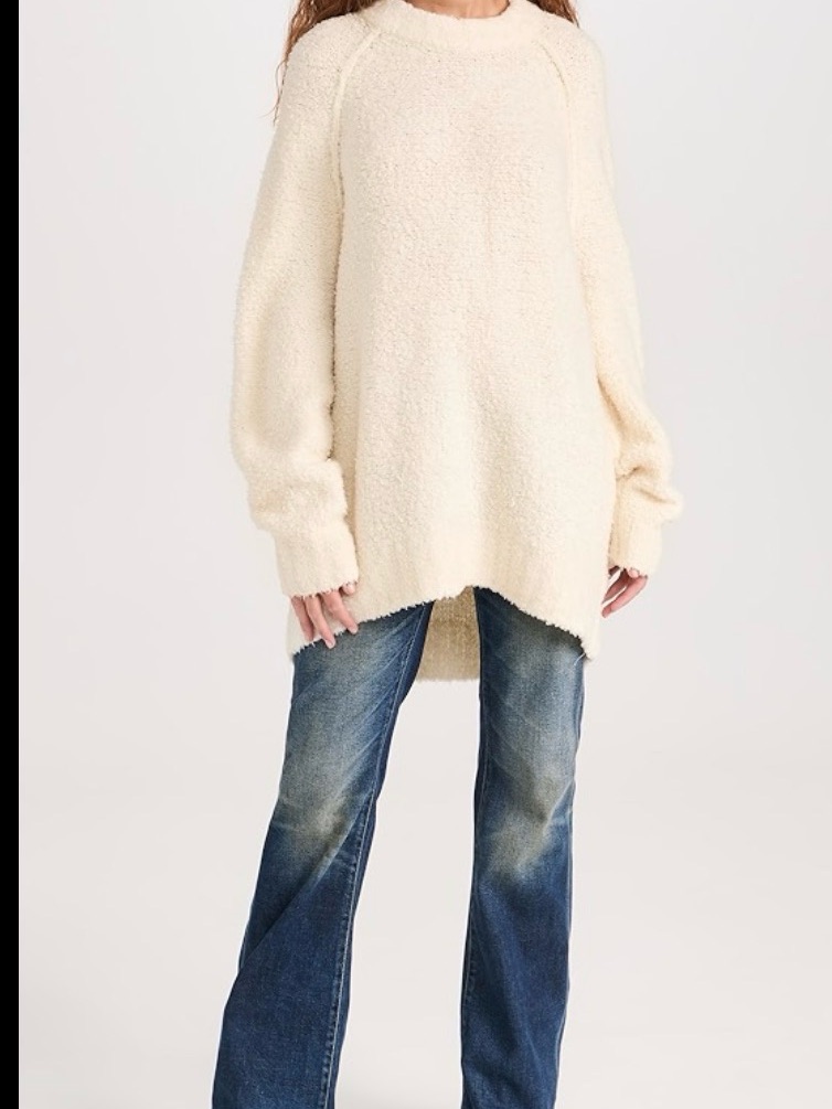 Free People Cream Boucl Crewneck Oversized Sweater
